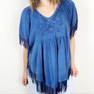 STUDIO WEST Women Poncho Fringe Edges Sequence Top Sz M Blue Black Y2K 9A-4